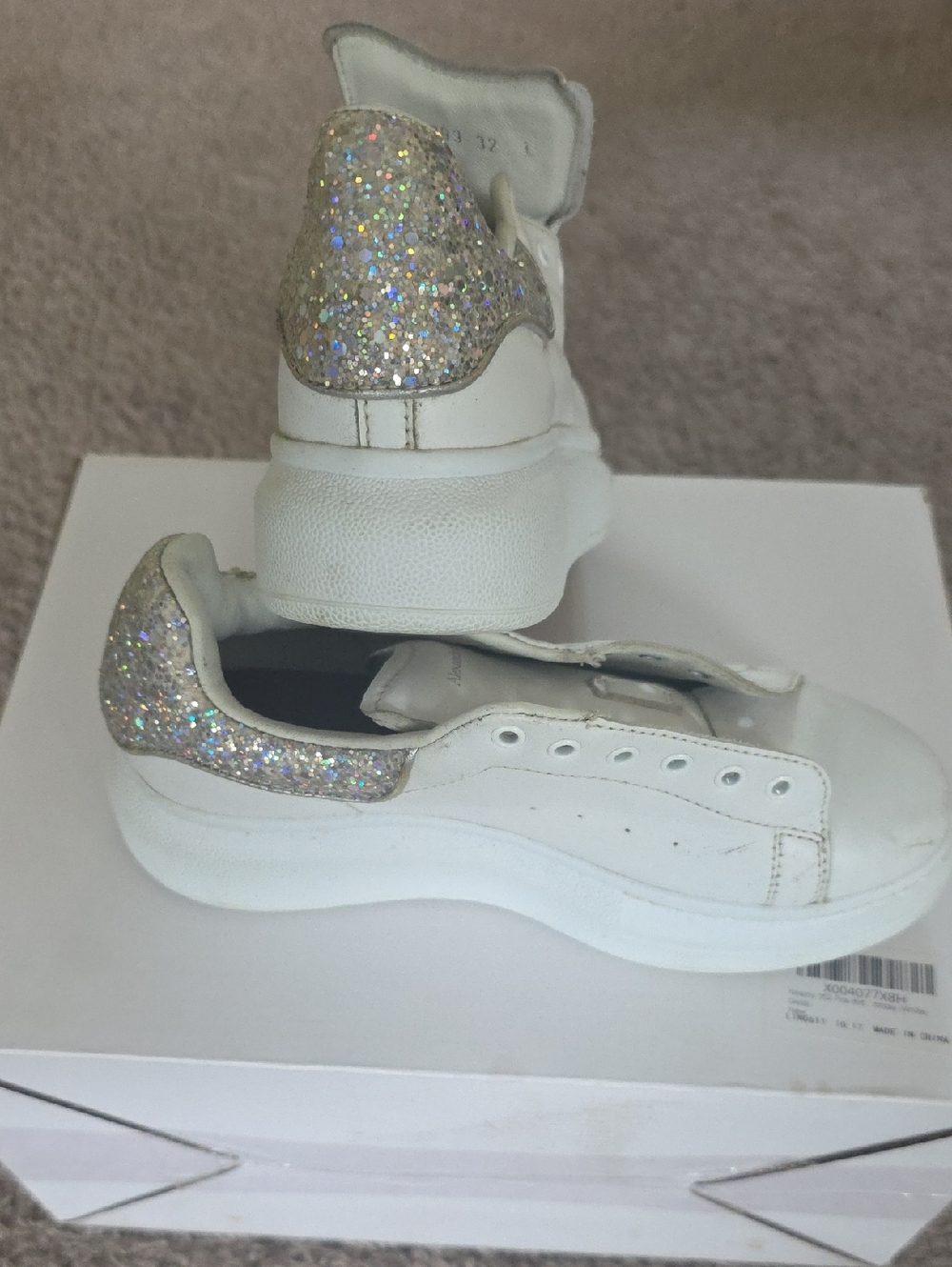 Alexander McQueen White Sneakers with Silver Glitter Heel